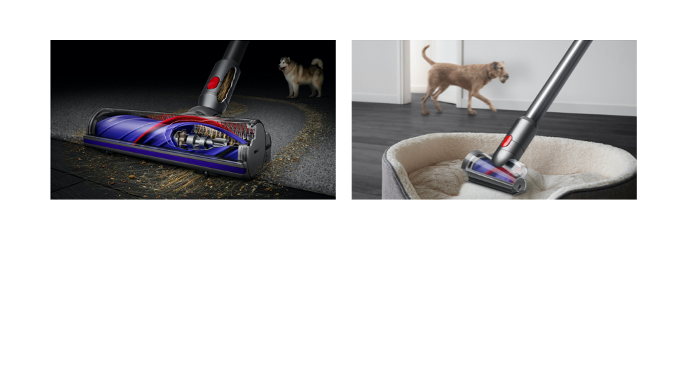 Cutaway of Motorbar cleaner head, Hair screw tool cleaning hair on pet bed