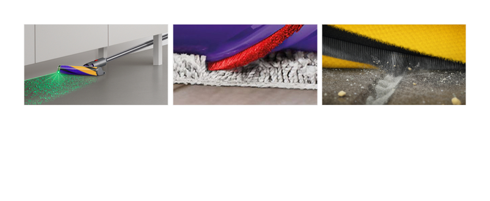 Laser Slim Fluffy cleaner head cleaning under low furniture / Close-up of nylon bristles deep cleaning a rug / Close-up of carbon fibre brush bar filaments