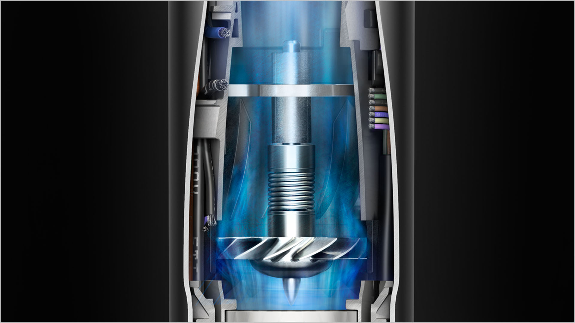 Gros plan en coupe du moteur numérique Dyson V9